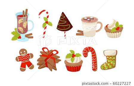 Christmas Desserts Set, Gingerbread Cookies, Candy Canes, Cocoa with Marshmallows, Mulled Wine, New Year Holiday Decorative Elements Vector Illustration 60227227