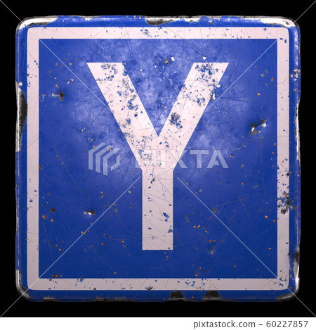 Public road sign in blue color with a capitol white letter Y in the center isolated black background. 3d Public road sign in blue color with a capitol white letter Y in the center isolated black background. 3d 60227857