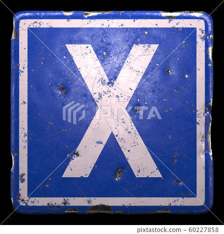 Public road sign in blue color with a capitol white letter X in the center isolated black background. 3d 60227858
