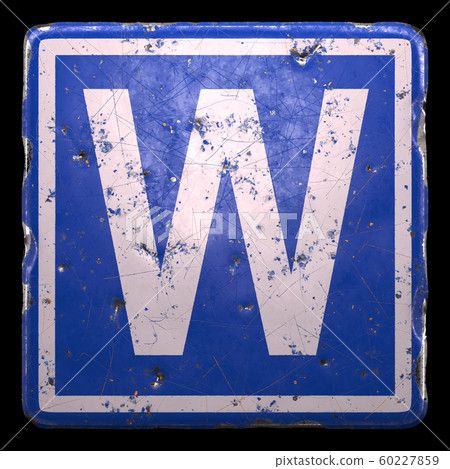 Public road sign in blue color with a capitol white letter W in the center isolated black background. 3d 60227859