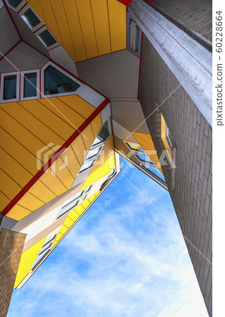 Roterrdam,  The Netherlands - December 01, 2019: View from  below on the famous cube house designed by architect Piet Blom in Rotterdam 60228664