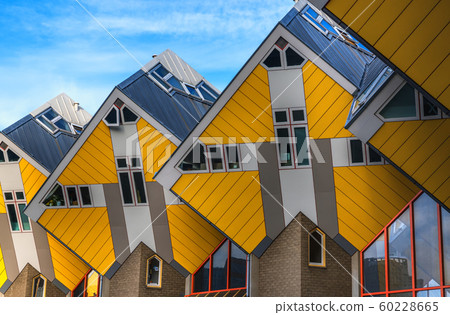 Roterrdam, The Netherlands - December 01, 2019: View from below on the famous cube house designed by architect Piet Blom in Rotterdam Roterrdam, The Netherlands - December 01, 2019: View from below on the famous cube house designed by architect Piet Blom in Rotterdam 60228665