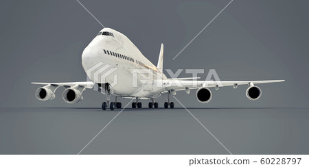 Large passenger aircraft of large capacity for long transatlantic flights. White airplane on gray isolated background. 3d illustration. Large passenger aircraft of large capacity for long transatlantic flights. White airplane on gray isolated background. 3d illustration. 60228797