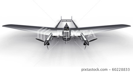 Three-dimensional model of the bomber aircraft of the second world war. Shiny aluminum body with two tails and wide wings. Turboprop engine. Shiny gray airplane on a white background. 3d illustration. 60228833