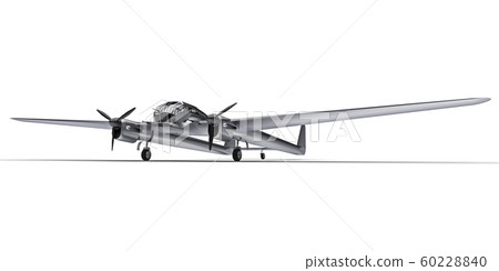 Three-dimensional model of the bomber aircraft of the second world war. Shiny aluminum body with two tails and wide wings. Turboprop engine. Shiny gray airplane on a white background. 3d illustration. Three-dimensional model of the bomber aircraft of the second world war. Shiny aluminum body with two tails and wide wings. Turboprop engine. Shiny gray airplane on a white background. 3d illustration. 60228840