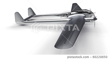 Three-dimensional model of the bomber aircraft of the second world war. Shiny aluminum body with two tails and wide wings. Turboprop engine. Shiny gray airplane on a white background. 3d illustration. Three-dimensional model of the bomber aircraft of the second world war. Shiny aluminum body with two tails and wide wings. Turboprop engine. Shiny gray airplane on a white background. 3d illustration. 60228850
