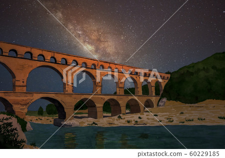 蓬杜加德水道橋在繁星點點的天空 蓬杜加德水道橋在繁星點點的天空 60229185