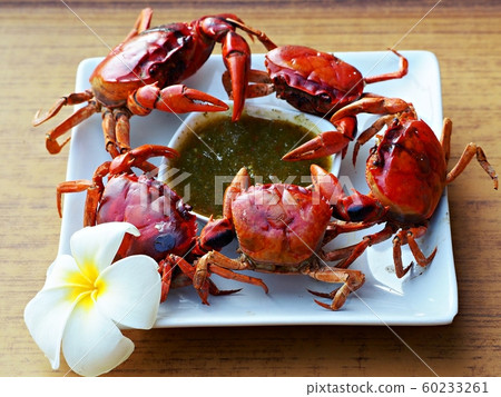 Crabs steamed in a dish ready to be served. 60233261