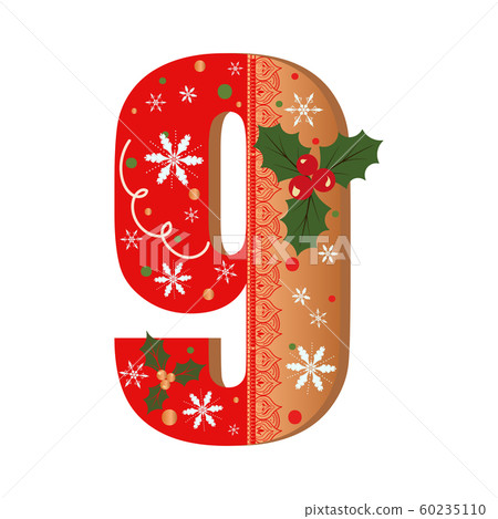 Numbers Gingerbread cookies vector - number 9 with flowers, leaves christmas and snowflakes. Illustration cookies numbers 60235110
