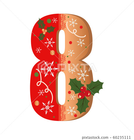 Numbers Gingerbread cookies vector - number 8 with flowers, leaves christmas and snowflakes. Illustration cookies numbers 60235111