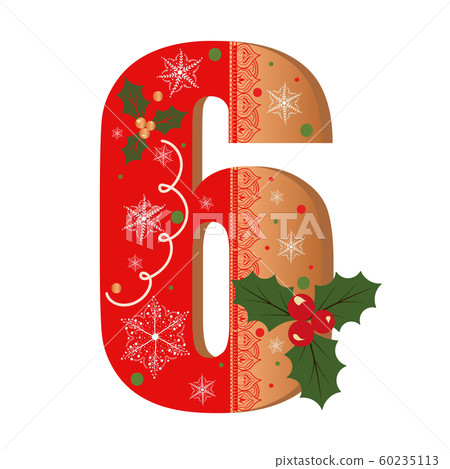 Numbers Gingerbread cookies vector - number 6 with flowers, leaves christmas and snowflakes. Illustration cookies numbers 60235113