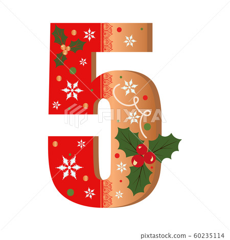 Numbers Gingerbread cookies vector - number 5 with flowers, leaves christmas and snowflakes. Illustration cookies numbers 60235114