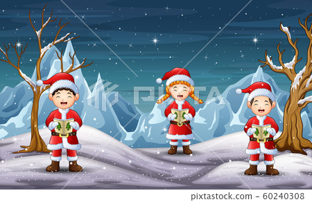 Children wearing santa costume singing in north pole background Children wearing santa costume singing in north pole background 60240308