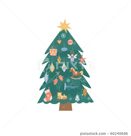 Decorated vintage Christmas tree with colorful retro ornaments 60240686