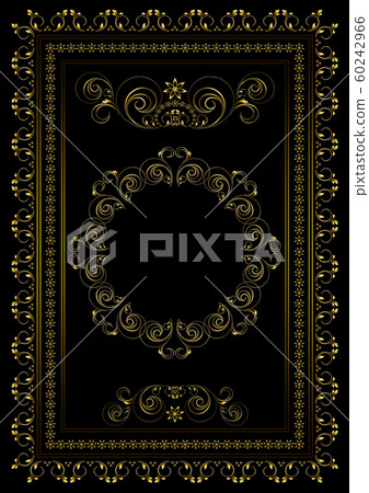 Gold frame with borders of swirling strips, leaves and stars with oval ornament in the center on a black background 60242966