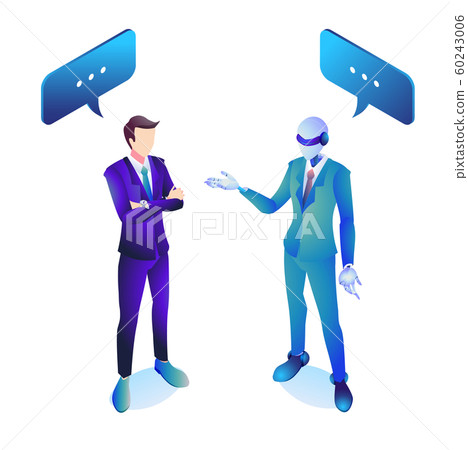 Businessman talking to an AI robot wearing a suit Businessman talking to an AI robot wearing a suit 60243006