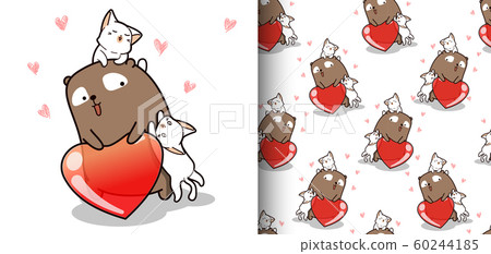 Seamless pattern kawaii bear and 2 cats with heart 60244185