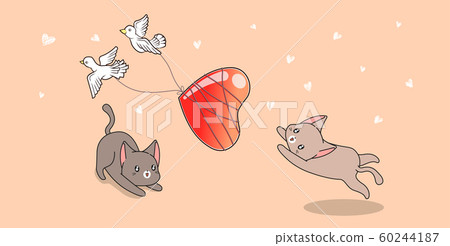 Banner cat characters are catching birds who are dragging heart 60244187
