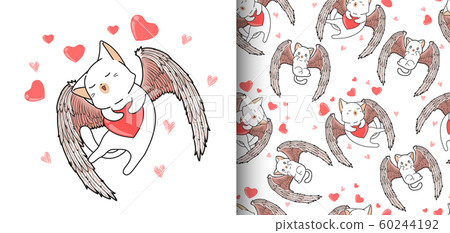 Seamless pattern kawaii cupid cat with heart background 60244192