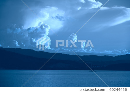 Seashore with tropical forest and fluffy clouds toned in blue. 60244436