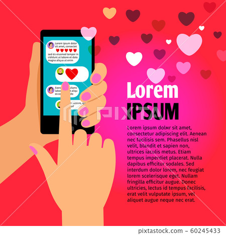 Woman hand with love chat cellphone Woman hand with love chat cellphone 60245433