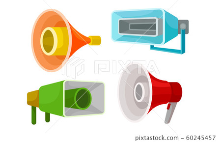 Loudspeakers Collection, Colorful Megaphones, Bullhorns, Symbol of Promotion, Announce, Advertising Vector Illustration Loudspeakers Collection, Colorful Megaphones, Bullhorns, Symbol of Promotion, Announce, Advertising Vector Illustration 60245457