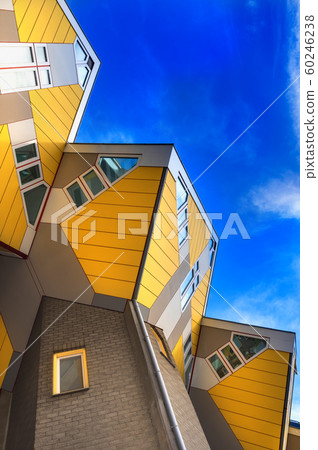 Roterrdam - Black,  The Netherlands - December 01, 2019: View from  below on the famous cube house designed by architect Piet Blom in Rotterdam 60246238