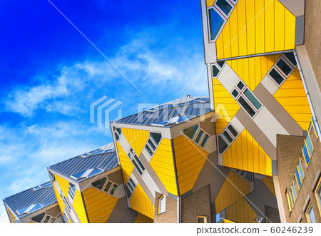Roterrdam - Black,  The Netherlands - December 01, 2019: View from  below on the famous cube house designed by architect Piet Blom in Rotterdam 60246239