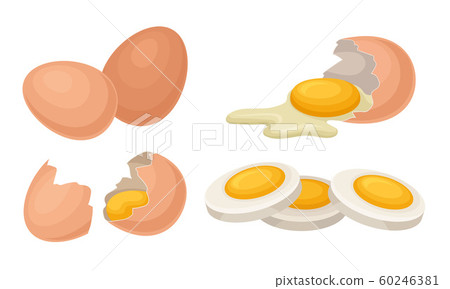 Fresh and Cooked Eggs Set, Broken Eggs with Cracked Shell, Healthy Organic Food Vector Illustration Fresh and Cooked Eggs Set, Broken Eggs with Cracked Shell, Healthy Organic Food Vector Illustration 60246381