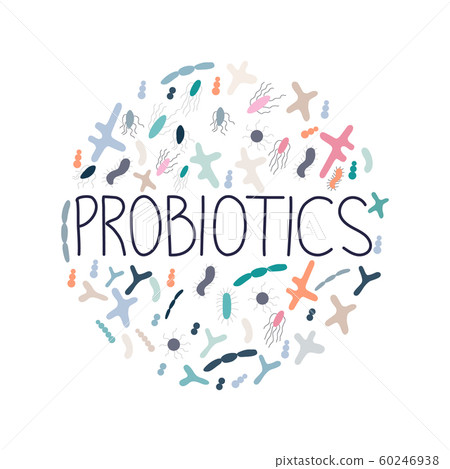 Round shape with good microorganisms and word probiotics. Round shape with good microorganisms and word probiotics. 60246938