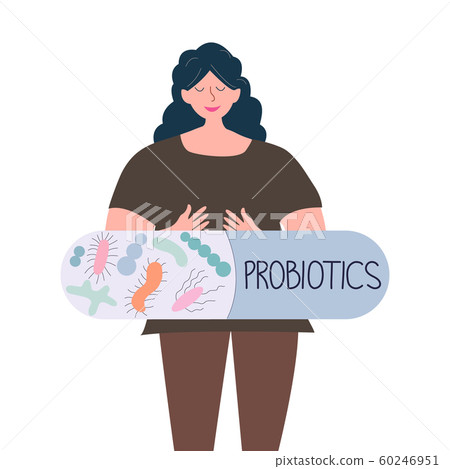 Woman holding a capsule with note probiotics in outline style illustration. Woman holding a capsule with note probiotics in outline style illustration. 60246951
