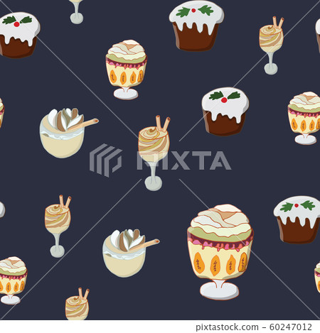 Seamless pattern with Christmas pudding, trifle pudding and eggnog. 60247012