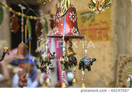 Traditional art and craft hangings near Kothari's Patwon ki Haveli, Jaisalmer, Rajasthan, India 60247087