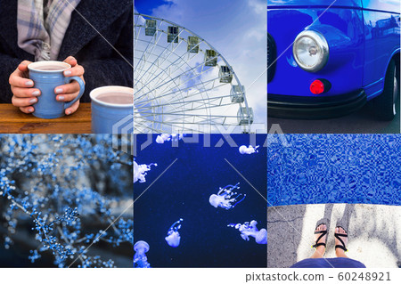 Collage of photos in blue modern color. Collage of photos in blue modern color. 60248921