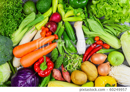 Mixed vegetables and fruits background healthy Mixed vegetables and fruits background healthy 60249957