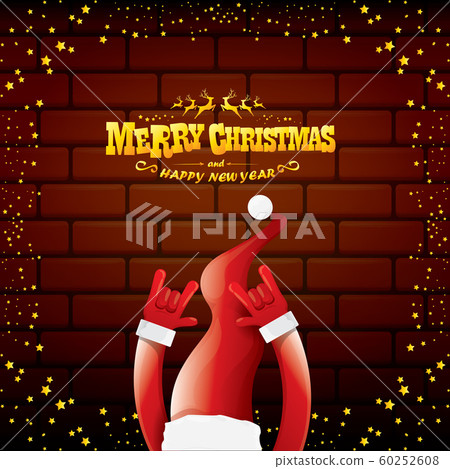 vector cartoon Santa Claus rock n roll style with golden greeting text on brick wall background with christmas star lights. Merry Christmas Rock n roll party poster design or greeting card. 60252608