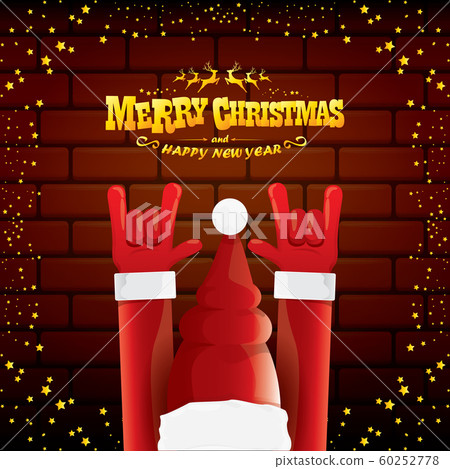 vector cartoon Santa Claus rock n roll style with golden greeting text on brick wall background with christmas star lights. Merry Christmas Rock n roll party poster design or greeting card. vector cartoon Santa Claus rock n roll style with golden greeting text on brick wall background with christmas star lights. Merry Christmas Rock n roll party poster design or greeting card. 60252778