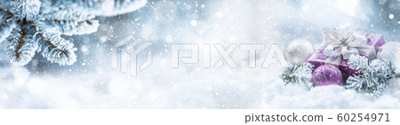 Purple christmas gift and balls on snow with fir Purple christmas gift and balls on snow with fir 60254971