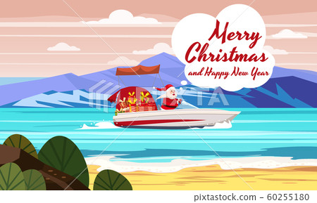 Merry Christmas Santa Claus on speed boat on ocean sea tropical island mountains seaside. Vector illustration isolated cartoon style 60255180