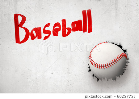 3d rendering of baseball ball breaking white wall with red 'Baseball' sign above 60257755