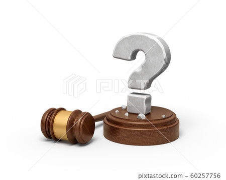 3d rendering of hefty stone question mark standing on sounding block with gavel beside. 60257756