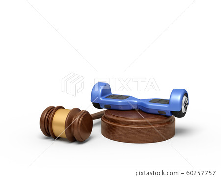 3d rendering of blue hoverboard on round wooden block and brown wooden gavel 3d rendering of blue hoverboard on round wooden block and brown wooden gavel 60257757