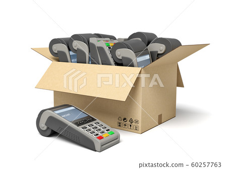 3d rendering of cardboard box full of several point-of-sale terminals. 60257763