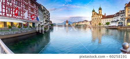 Lucerne. Old city embankment and medieval houses at dawn. 60258191