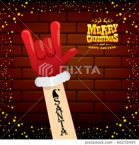 vector cartoon Santa Claus rock n roll style with golden greeting text on brick wall background with christmas star lights. Merry Christmas Rock n roll party poster design or greeting card. vector cartoon Santa Claus rock n roll style with golden greeting text on brick wall background with christmas star lights. Merry Christmas Rock n roll party poster design or greeting card. 60258495