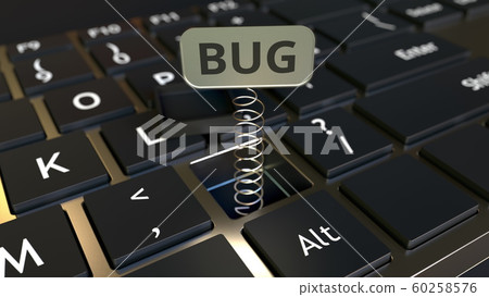 Computer keyboard and jack-in-the-box BUG message in the key. Conceptual 3D rendering 60258576