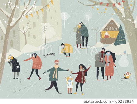 Cartoon happy people enjoying in the winter snowing street. Vacation time 60258934