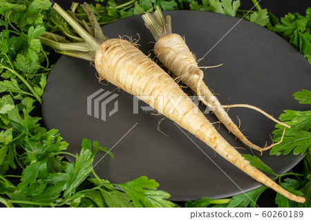 White parsley root on grey stone 60260189
