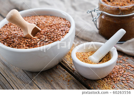 Mortar of flax seeds, linseeds organic paste. Mortar of flax seeds, linseeds organic paste. 60263556