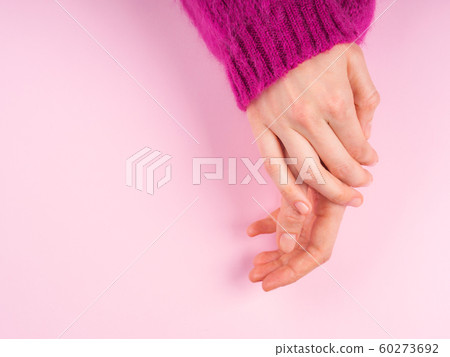 Female hands in magenta sweater on pink Female hands in magenta sweater on pink 60273692